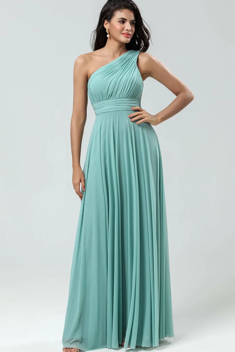 Impressionante uma linha de um ombro de vidro do mar vestido longo da dama de honra com Ruched