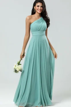 Impressionante uma linha de um ombro de vidro do mar vestido longo da dama de honra com Ruched