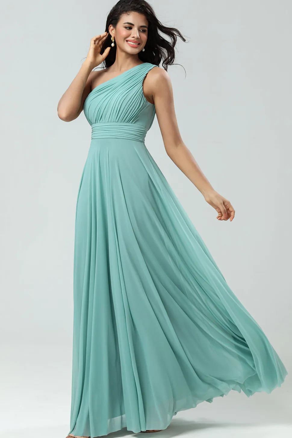 Impressionante uma linha de um ombro de vidro do mar vestido longo da dama de honra com Ruched