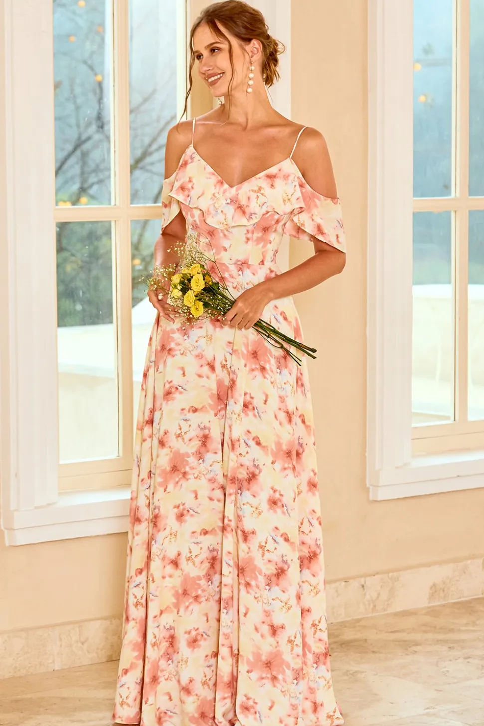 Imprimir blush vestido de dama de honra com ruffle