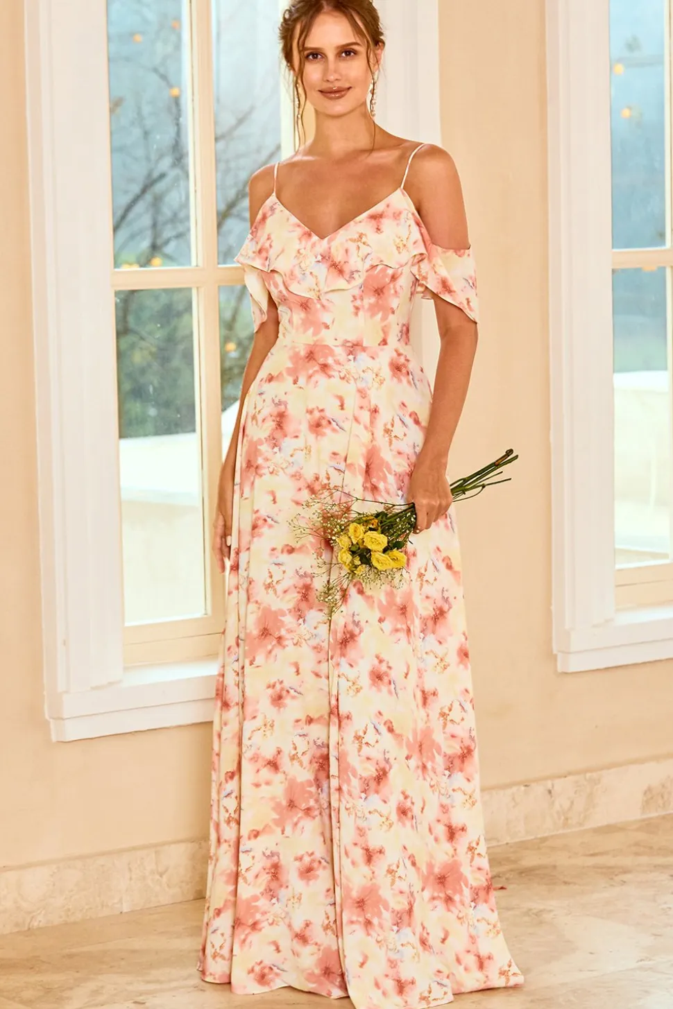 Imprimir blush vestido de dama de honra com ruffle