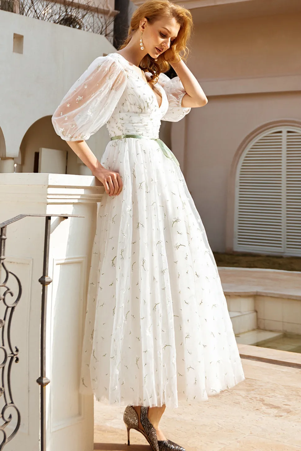 Imprimir tulle midi vestido de noiva
