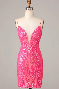 Inegavelmente incrível bainha espaguete correias fúcsia sequins curto homecoming vestido