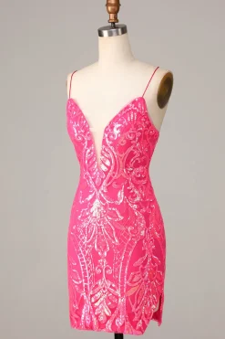Inegavelmente incrível bainha espaguete correias fúcsia sequins curto homecoming vestido