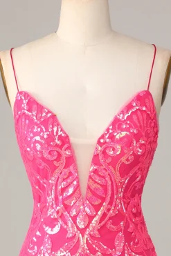 Inegavelmente incrível bainha espaguete correias fúcsia sequins curto homecoming vestido