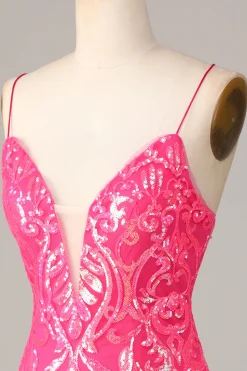 Inegavelmente incrível bainha espaguete correias fúcsia sequins curto homecoming vestido