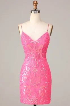 Inegavelmente incrível bainha espaguete correias Fuchsia Sequins Homecoming Dress
