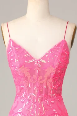 Inegavelmente incrível bainha espaguete correias Fuchsia Sequins Homecoming Dress