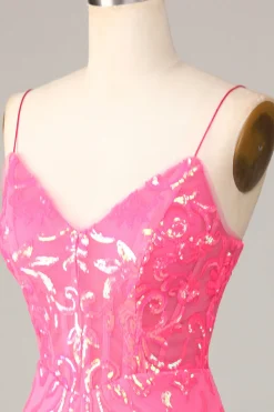 Inegavelmente incrível bainha espaguete correias Fuchsia Sequins Homecoming Dress