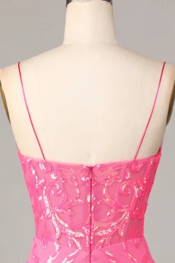 Inegavelmente incrível bainha espaguete correias Fuchsia Sequins Homecoming Dress