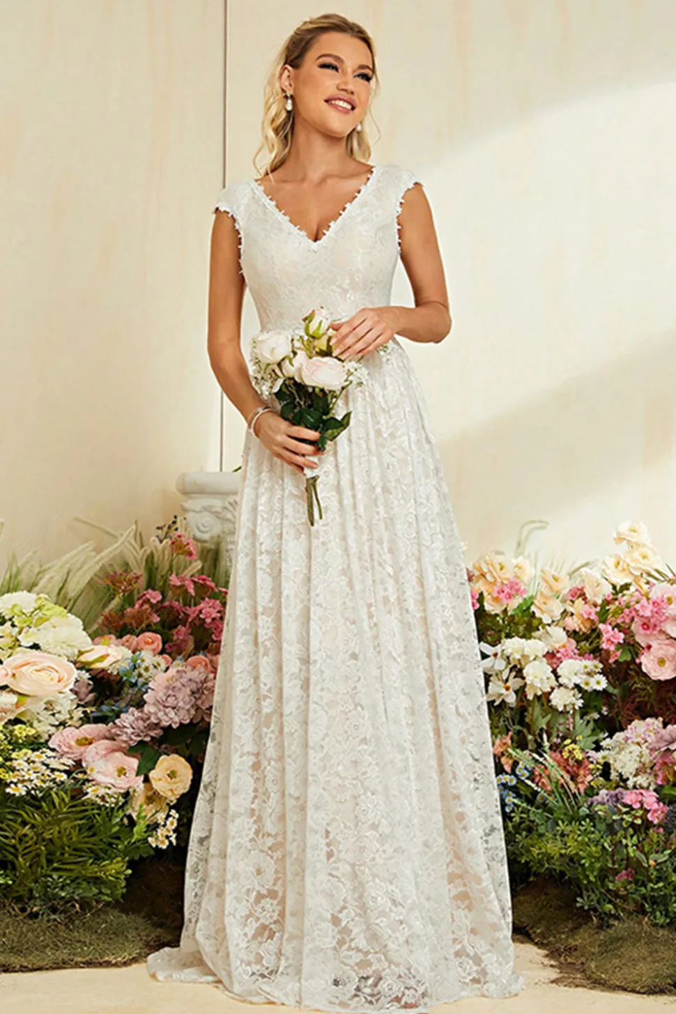 Ivory Apricot Cap Mangas Uma Linha Renda Vestido de Noiva Longo