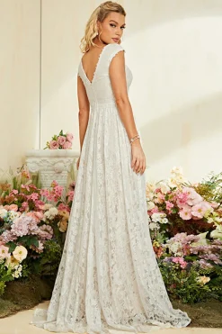 Ivory Apricot Cap Mangas Uma Linha Renda Vestido de Noiva Longo