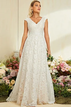Ivory Apricot Cap Mangas Uma Linha Renda Vestido de Noiva Longo