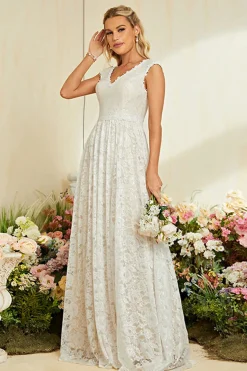 Ivory Apricot Cap Mangas Uma Linha Renda Vestido de Noiva Longo