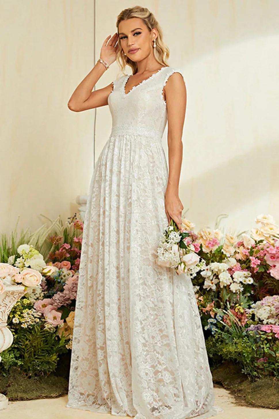 Ivory Apricot Cap Mangas Uma Linha Renda Vestido de Noiva Longo