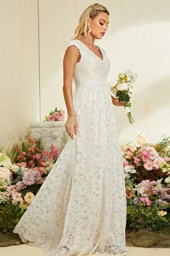 Ivory Apricot Cap Mangas Uma Linha Renda Vestido de Noiva Longo
