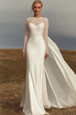 Ivory Bainha Cetim Pescoço Redondo Vestido de Noiva Manga Longa com Fita