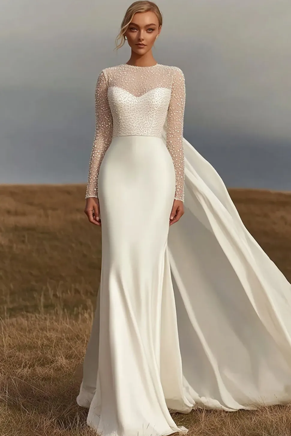 Ivory Bainha Cetim Pescoço Redondo Vestido de Noiva Manga Longa com Fita