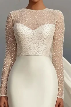 Ivory Bainha Cetim Pescoço Redondo Vestido de Noiva Manga Longa com Fita
