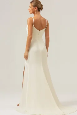 Ivory Bainha Esparguete Alças Ruched Long Satin Vestido de Dama de Honra Com Fenda