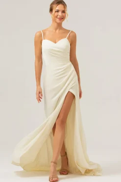 Ivory Bainha Esparguete Alças Ruched Long Satin Vestido de Dama de Honra Com Fenda