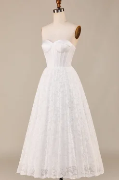Ivory Lace Corset Tea-Length Vestido de Noiva