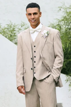 Ivory Peak Lapel Pinstripe Single Breasted 3 peças ternos de casamento masculino