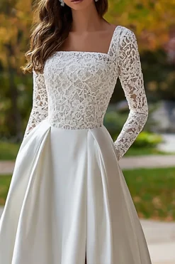 Ivory Square Neck manga longa vestido de noiva cetim com renda