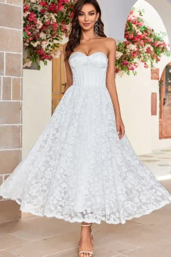 Ivory Strapless Corset Tea-Length Vestido de Noiva com Renda