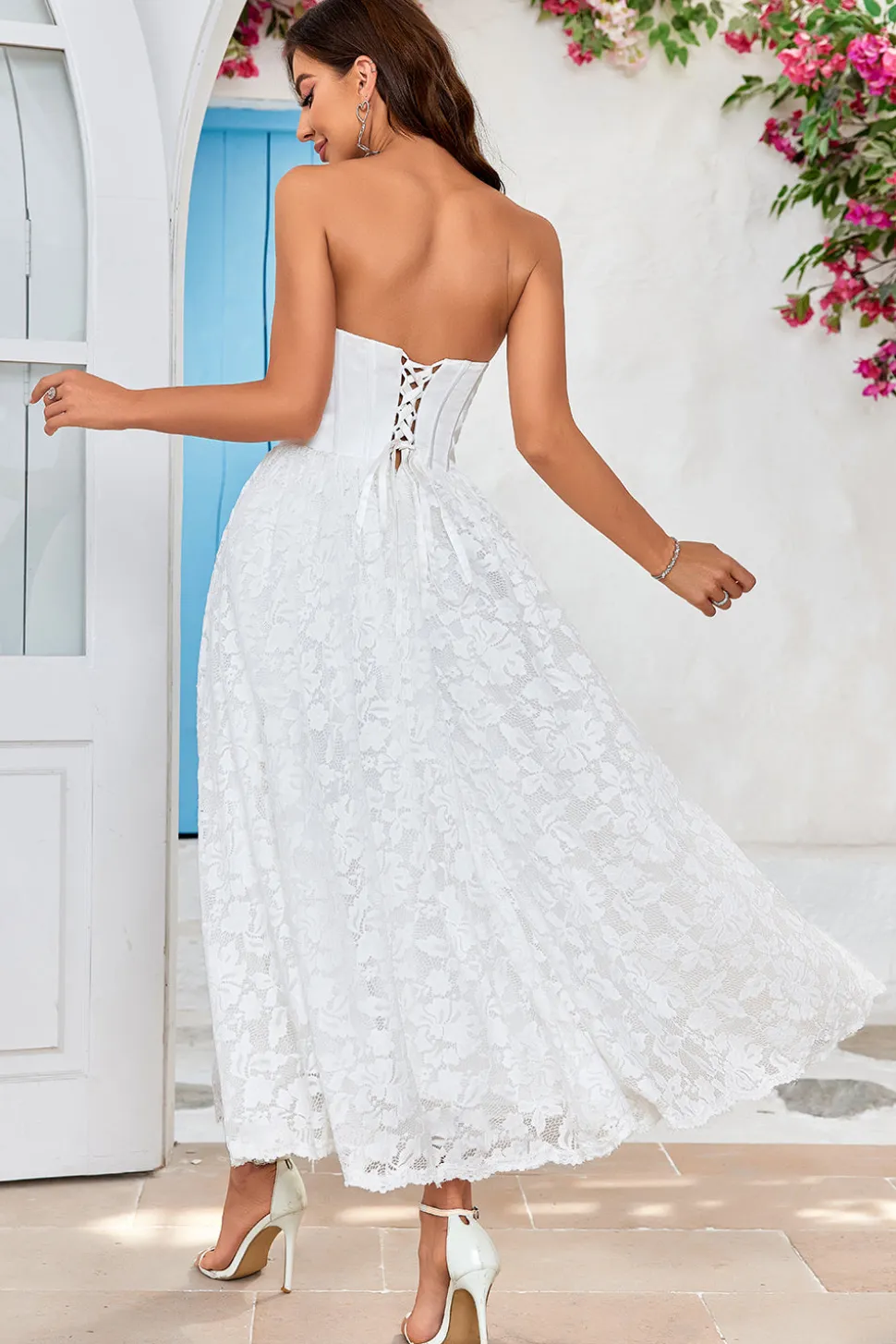 Ivory Strapless Corset Tea-Length Vestido de Noiva com Renda