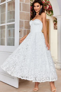 Ivory Strapless Corset Tea-Length Vestido de Noiva com Renda