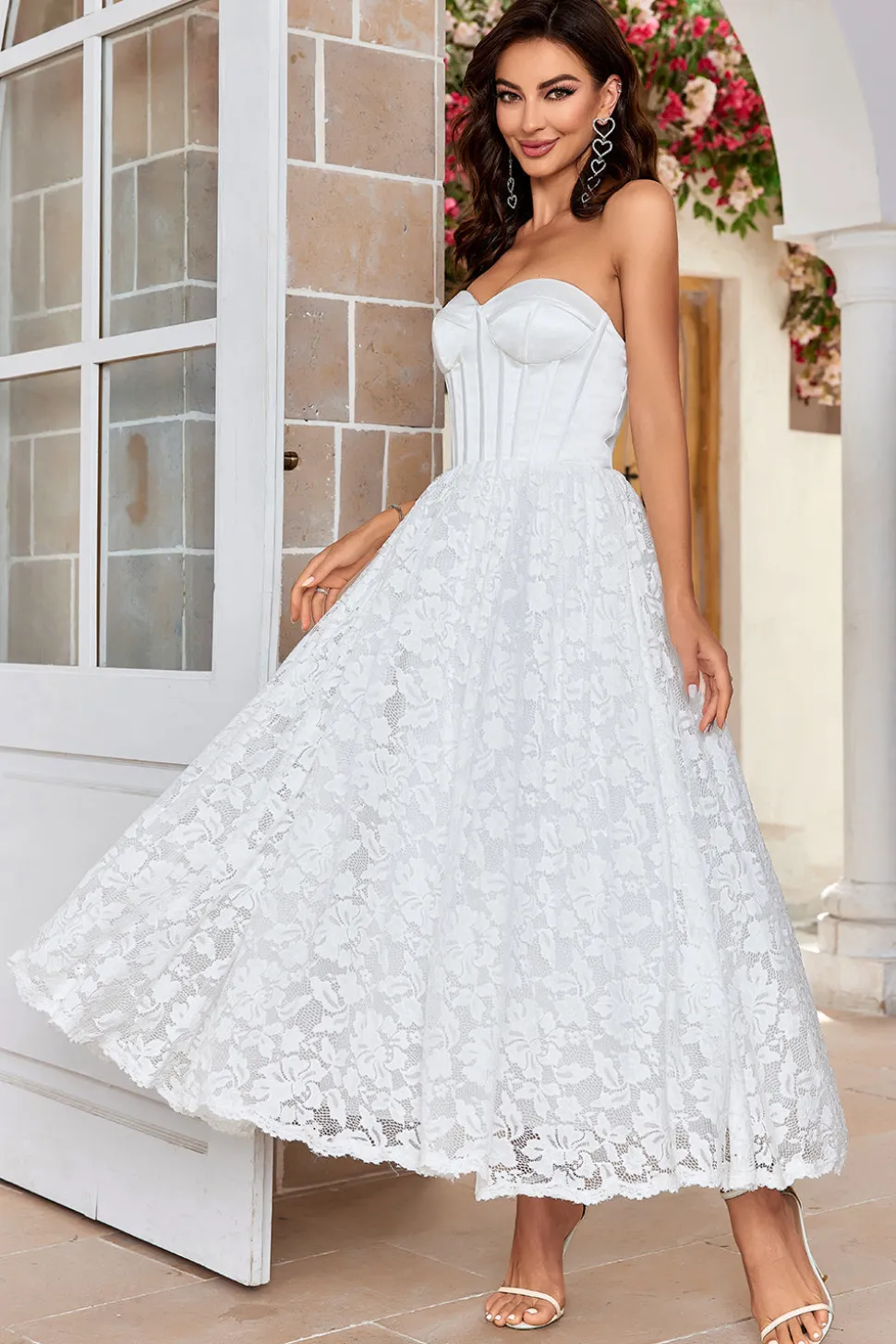 Ivory Strapless Corset Tea-Length Vestido de Noiva com Renda