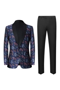 Jacquard Azul Escuro 2 Peças Xaile Lapela Ternos Masculinos