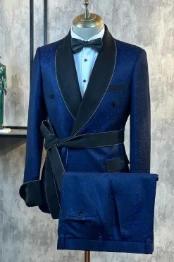Jacquard azul escuro 2 peças homens ternos de baile com cinto