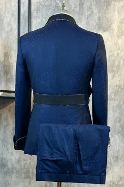 Jacquard azul escuro 2 peças homens ternos de baile com cinto