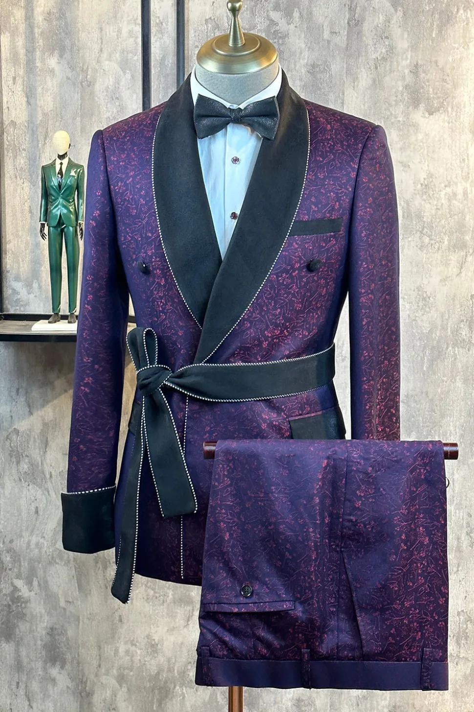 Jacquard azul escuro 2 peças homens ternos de baile com cinto
