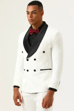 Jacquard Branco Lapela Shawl Duplo Peito 2 Peças Fatos Masculinos