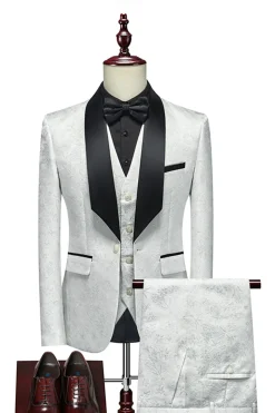 Jacquard Branco Lapela Shawl 3 Peças Fatos Masculinos