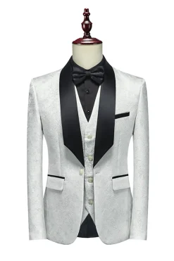 Jacquard Branco Lapela Shawl 3 Peças Fatos Masculinos