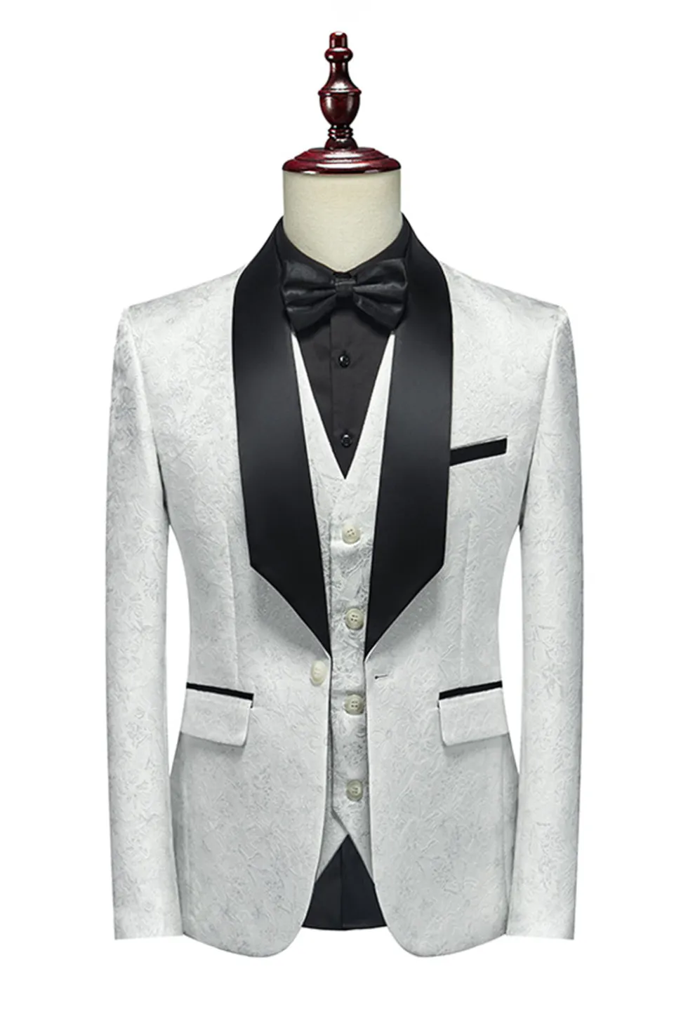 Jacquard Branco Lapela Shawl 3 Peças Fatos Masculinos