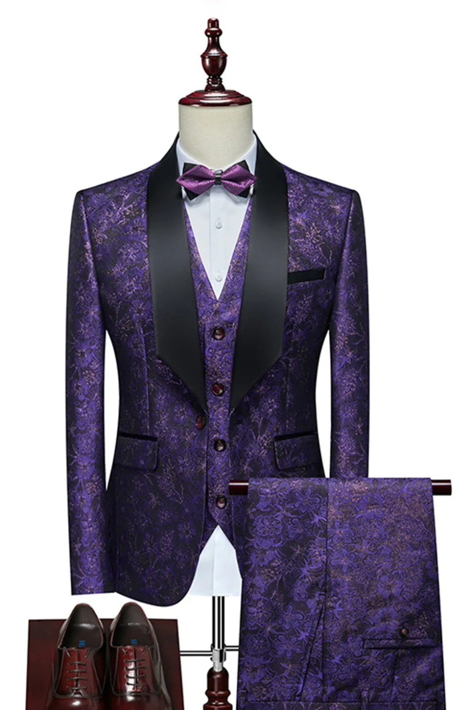 Jacquard Branco Lapela Shawl 3 Peças Fatos Masculinos