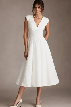 Jacquard Branco Uma Linha V-Neck Midi Vestido de Noivado