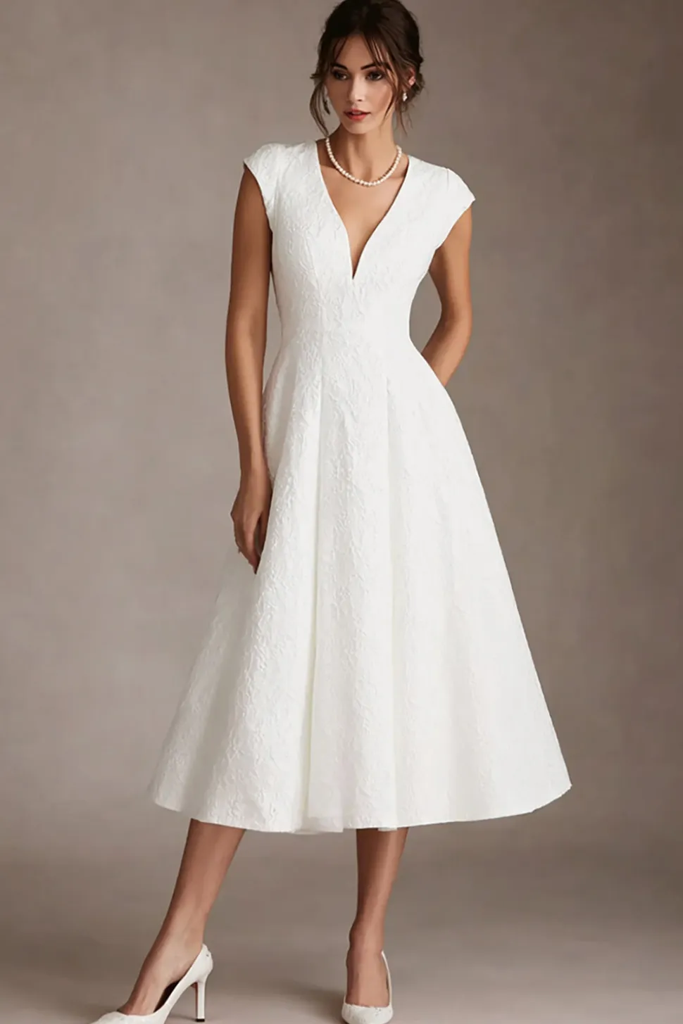 Jacquard Branco Uma Linha V-Neck Midi Vestido de Noivado