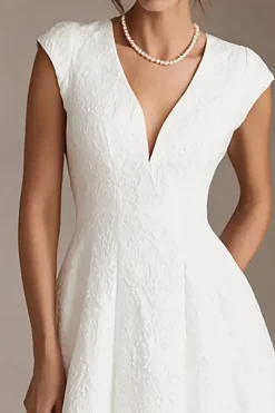 Jacquard Branco Uma Linha V-Neck Midi Vestido de Noivado