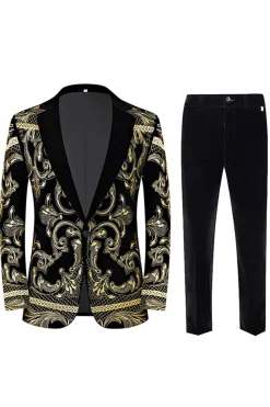 Jacquard Dourado Masculino 2 Peças Notched Lapela Prom Ternos