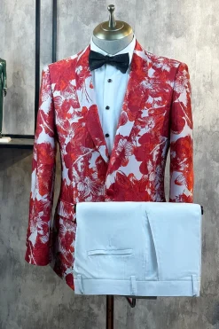 Jacquard Floral Vermelho 2 Peças Homens Prom Ternos