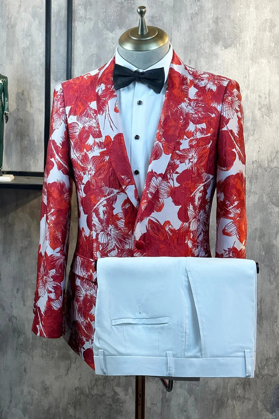 Jacquard Floral Vermelho 2 Peças Homens Prom Ternos