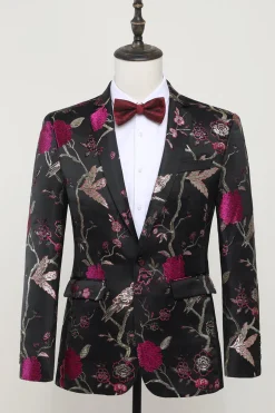 Jacquard Preto Satin Notched Lapel Blazer
