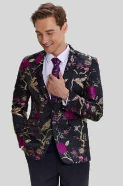 Jacquard Preto Satin Notched Lapel Blazer
