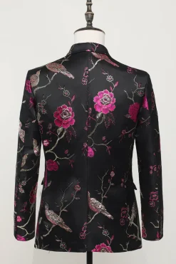 Jacquard Preto Satin Notched Lapel Blazer